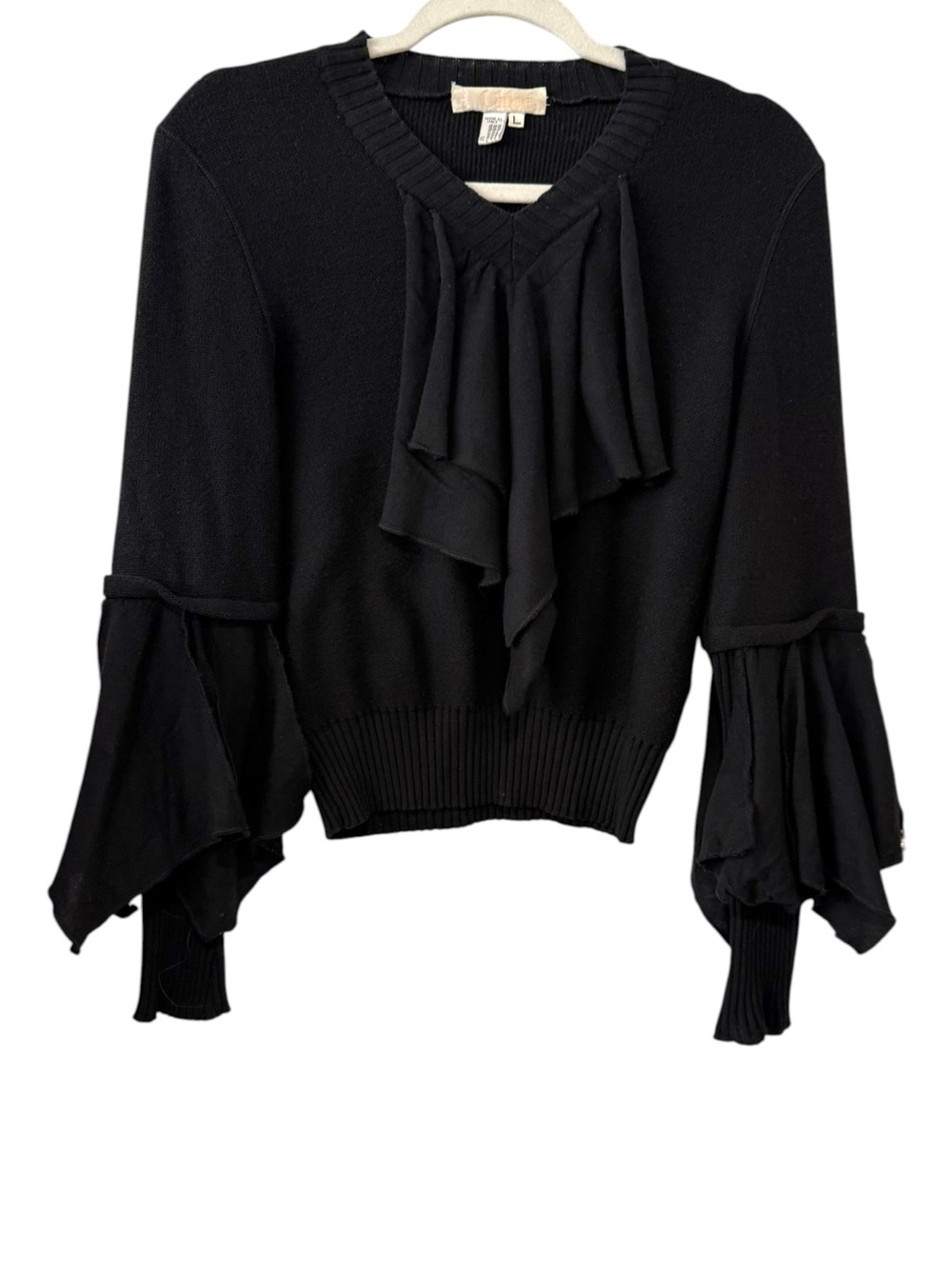Chloé Black Ruffle Bell Sleeve Wool Sweater Rhinestone Detail Vintage Large